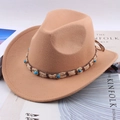 Classic camel wool fedora hat with turquoise beads and brown braided band for women - Hemp Rope Camel