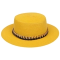 Flat top wide brim straw hat in bright yellow with black leather and metal chain band - Thick Chain Decor Band Style (300F)