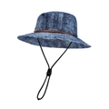 Wide brim blue denim sun hat with brown leather band and adjustable chin strap for outdoors - Dark Blue