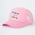 Cappellino trucker rosa con stampa Mañana Sera Bonito e rete, visto da un angolo di 45° - Taglia unica / Rosa