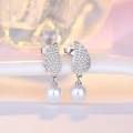 Sparkling zircon angel wing earrings with round white pearl pendants and S925 silver studs - Platinum Wing Pearl Stud Earrings (C121)