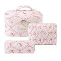 Three-piece quilted cotton floral makeup bag set with pink roses and bows in white - Diamond-shaped Pink Butterfly