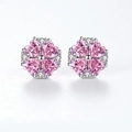 Macro detail of pink heart zircon flower studs with small crystals on silver base - Pink Heart Clover Stud Earrings (ED18)
