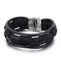 Mehrlagiges geflochtenes Lederarmband für Herren mit silbernem Edelstahl Magnetverschluss - Schwarz / 22cm