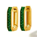 Hoop earrings in golden finish featuring square cut emerald green zircon stones - Gold + Green (KDE887)