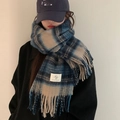 Close-up of blue and grey plaid scarf texture with decorative fringe detail and soft fabric - 230cm / Navy Blue