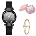 Women's black quartz watch set with starry sky dial and rose gold star charm bracelet - Watch+Bracelet+Box / Black