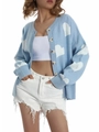Light blue knit cardigan featuring white heart patterns and button-up V-neck design - S / Lake Blue