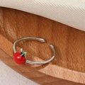 Adjustable silver open ring featuring a delicate red apple charm with green leaf - Silver/Red (02白K 2639)