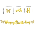 Golden butterfly Happy Birthday banner for party decoration with detailed size dimensions - Butterfly Birthday Banner