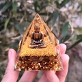 Handmade Orgone Pyramid with Buddha statue, gold foil and natural crystal stones - Style 15