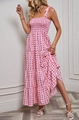 Detail of pink backless sundress featuring black square floral print and pleated knit texture - Pink Polka Dot