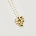 Collier à pendentif nœud doré avec une pierre verte en forme de cœur et chaîne dorée - Noeud Zircon Coeur Vert Or