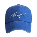 Close-up of Mama embroidery and heart detail on washed cotton blue baseball cap - Blue - Single Heart Mama