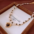 Double-layered vintage necklace with beaded chain and heart tiger eye pendant - 3# Gold-Coffee-Real Gold Plated (2-Piece Set)