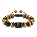 Adjustable tiger eye beaded bracelet with letter R charm and braided cord - Letter R