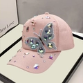 Pink baseball cap for women with colorful rhinestone butterfly and floral crystal accents - Adult, Adjustable / Pink