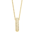 Macro detail of vertical gold pillar pendant with micro-pave crystals on link chain - Gold-I