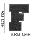 Detail of 7cm black chenille letter F patch with embroidery texture and dimensions - Letter F / Black
