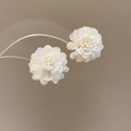 Close-up of sweet white fabric flower stud earrings with delicate center stamens - 59# Silver Pin - White