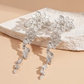 Silver flower and leaf drop earrings with rhinestone accents on white stone base - Silver Earring Post - Large Silver Flower Earrings