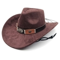 Brown western cowboy hat with suede texture, bull head metal badge and adjustable chin strap - M (56-58cm) / Chestnut