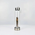 Tiger Eye crystal gravel glass water bottle with stainless steel lid and grey strap - Tiger's Eye