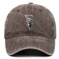 Detail of reaper embroidery on brown washed cotton baseball cap with vintage distressed finish - One Size / Coffee