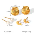 Drei-Paar Edelstahl-Ohrring-Set mit Muschel-, Perlen- und Delfinsteckern - Goldene Muschel Perle Delphin Stecker 3 Paare Set (HC-E10867)