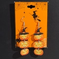 Halloween wooden pumpkin earrings with black wizard hats on decorative card backdrop - Witch Hat Pumpkin Stack Style