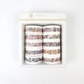 Detail view of 10 rolls of floral washi tape with fruit and dessert patterns in white box - 10 Rolls Set / Fruit Pudding