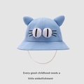 Close-up of light blue kids bucket hat with cute 3D cat ears and embroidered cat face detail - 48-50cm (2-4 Years) / Blue