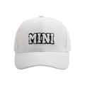 Detailed close-up of white corduroy baseball cap with MINI towel embroidery letters - MINI Style / White