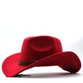Detail of red wool felt cowboy hat with brown faux leather band and metal buckle strap - M (56-58cm) / Red