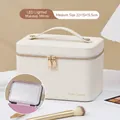 Cream white LED makeup bag with mirror in medium size and cross-grain leather finish - Medium White [LED Light]