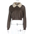 Detail of the brown faux leather jacket featuring a white shearling collar and zipper - XS / Brown