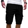 Detail van zwarte cargo shorts voor heren met elastische trekkoord taille en zijzakken - S / Bottoms / Zwart