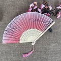 Pink gradient folding fan with cherry blossom pattern and delicate wooden carving - No.61 Pink Gradient Cherry Tassel