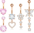 5-piece rose gold belly ring set with pink heart and butterfly cubic zirconia pendants - Assorted Styles Collection