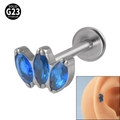 Solid G23 titanium labret stud with three blue marquise cut zircon stones for cartilage - Silver/Blue Zirconia