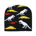 Detail shot of black knitted beanie featuring colorful embroidered dinosaur patterns - Dinosaur