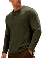 Men's olive green long sleeve Henley shirt with orange contrast stitching and chest pocket - S / Army Green