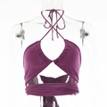 Detail of purple halter neck crop top with lace-up design on a transparent mannequin - S / Purple