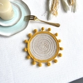 Handwoven round cotton coaster in beige with yellow pompoms and decorative trim - 13cm Coaster / Milk Coffee
