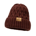 Dark reddish-brown cable knit winter beanie with thick ribbed cuff and leather mountain patch - Burgundy