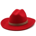 Detail of red wool felt fedora hat featuring a brown leather band and gold metal stud - M (56-58cm) / Red