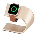 Golden aluminum U-shaped charging stand for Apple Watch with brown leather strap detail - Gold