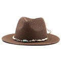Coffee brown straw fedora hat with bohemian shell and turquoise bead decoration band - M (56-58cm) / Brown