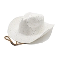 White woven cowboy straw hat with gold sequins and adjustable brown chin strap - White (With Gold Sequins) / M (56-58cm)