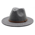 Detail view of the gray felt fedora hat featuring a brown leather belt with metal buckle - M (56-58cm) / Deep Heather Grey